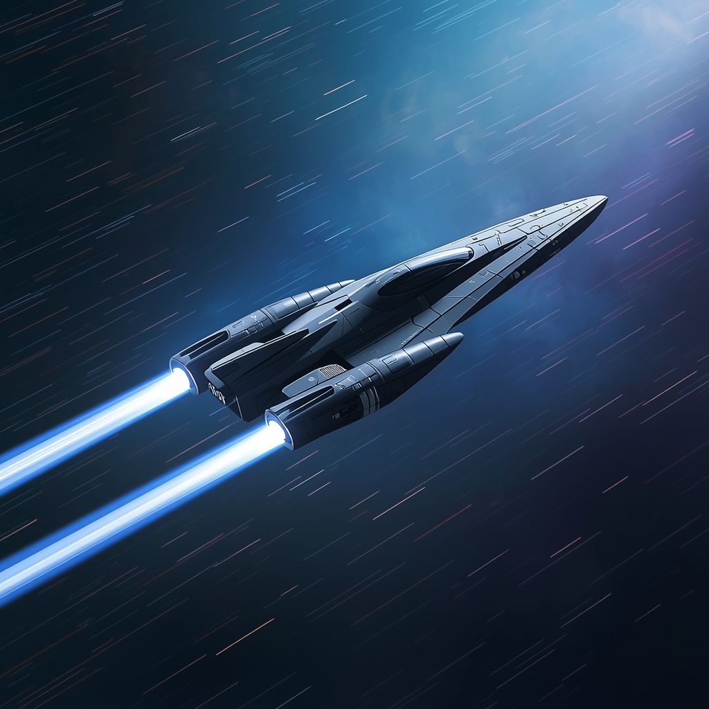Sleek hyperspace transport vessel moving at light speed, streaking stars effect, blue and purple nebula background